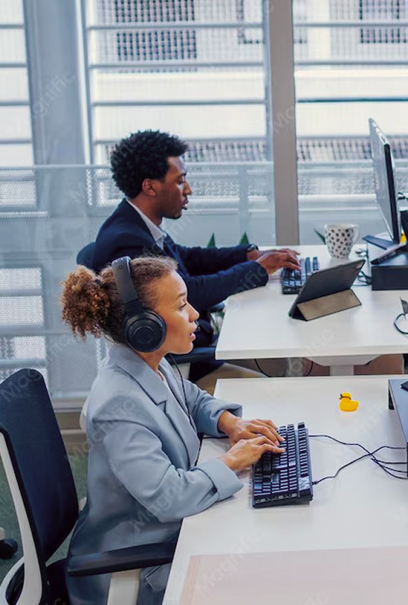Team members working at their desks